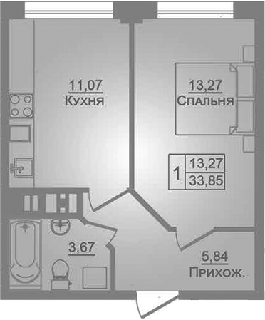 1-комн., 33.9 м², 4/9 этаж, ЖК «Портрет»
