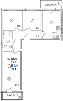 3-комн., 59.4 м², 4/5 этаж, ЖК «Дарград»