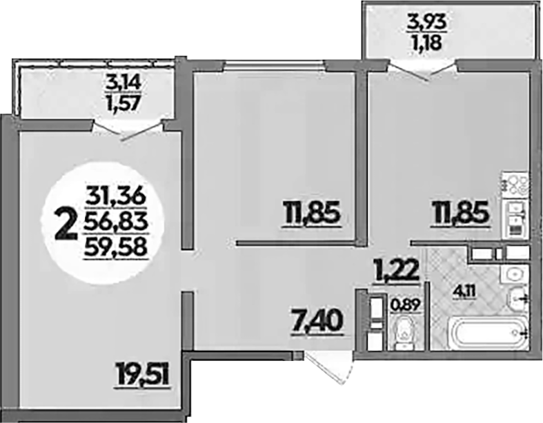 2-комн., 56.83 м², 1/16 этаж, ЖК «Город у моря»