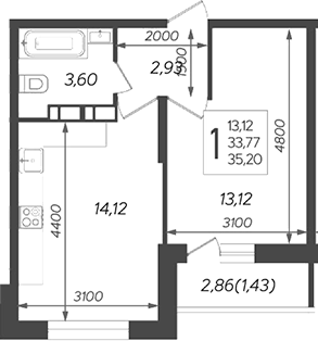 1-комн., 33.77 м², 16/16 этаж, ЖК «Смородина»