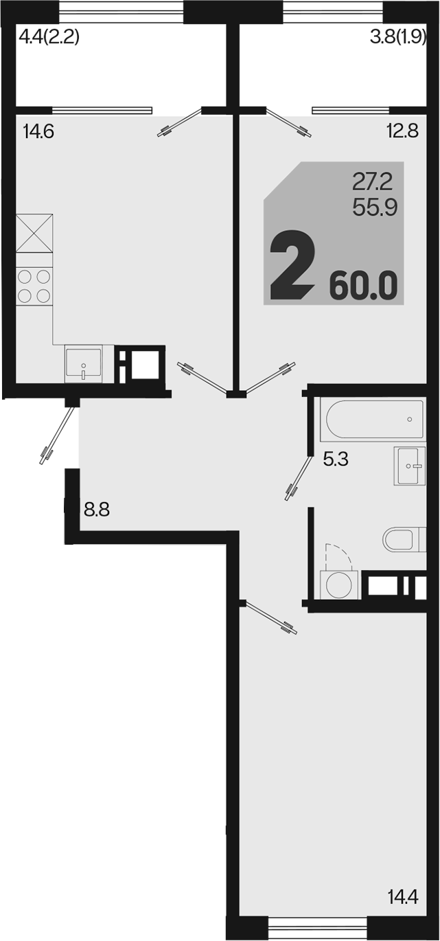 2-комн., 55.9 м², 5/9 этаж, ЖК «Первое место»