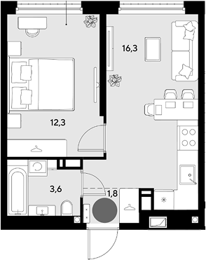 2-комн., 34 м², 18/18 этаж, ЖК «Грейд»