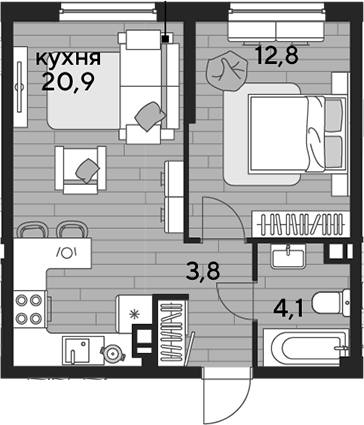 1-комн., 41.6 м², 3/16 этаж, ЖК «DОГМА ПАРК»