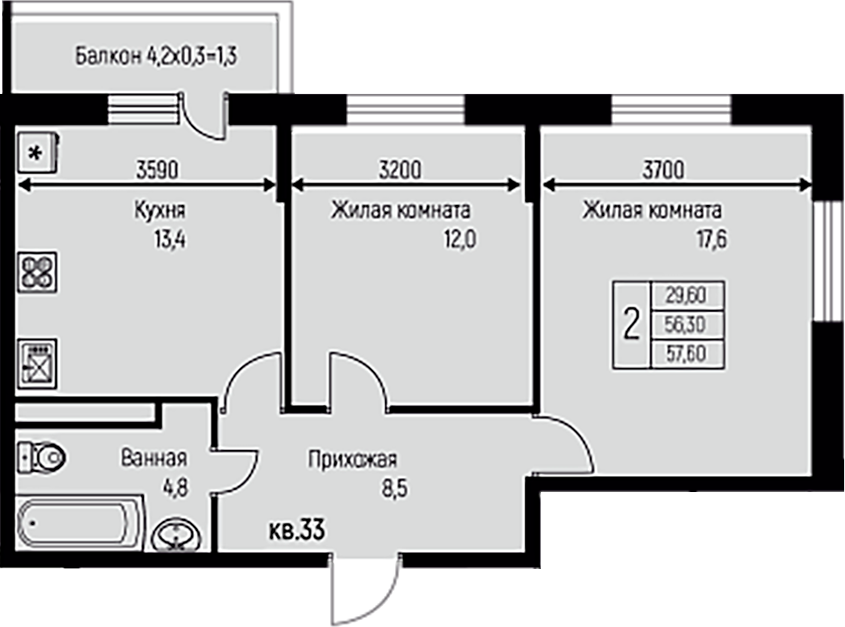 2-комн., 56.3 м², 3/3 этаж, ЖК «Nova Vita»
