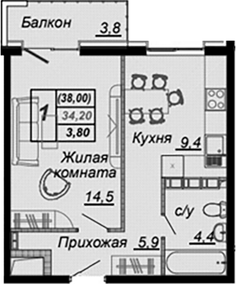 1-комн., 34.2 м², 10/16 этаж, ЖК «Чайные Холмы»