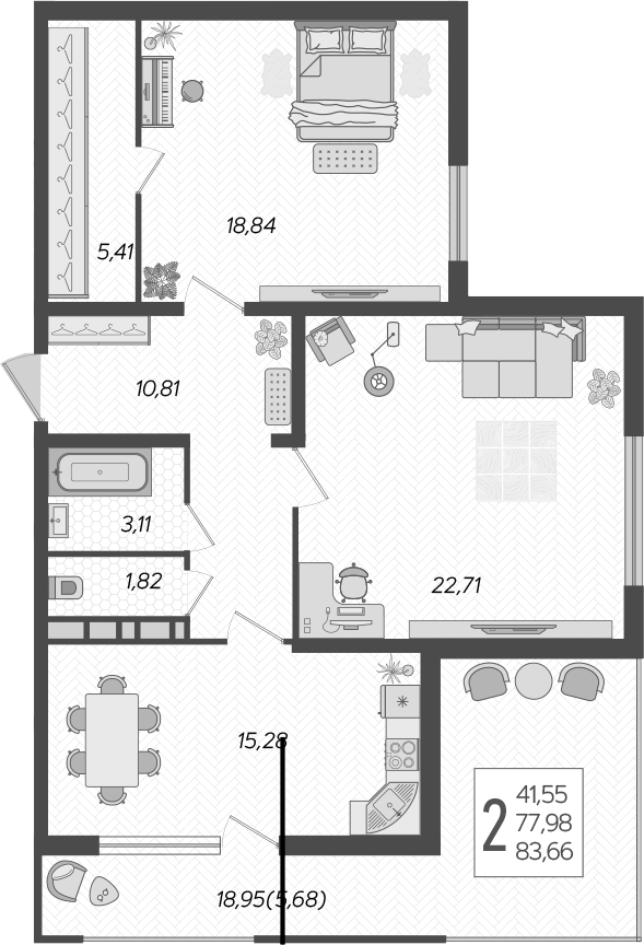 2-комн., 77.98 м², 4/21 этаж, ЖК «Режиссер»
