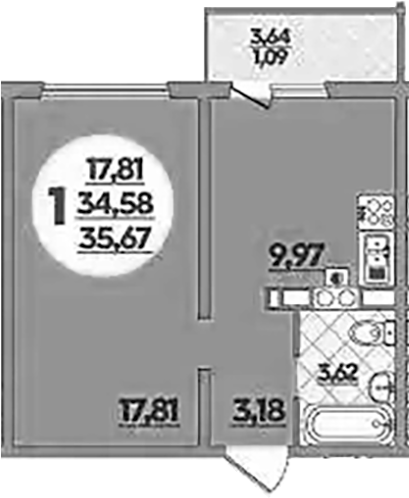 1-комн., 34.58 м², 4/5 этаж, ЖК «Тихорецк»