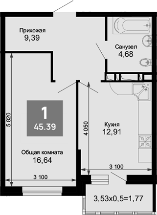 Продается 1-комн. квартира, 43.62 м²