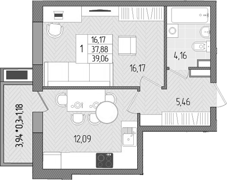 1-комн., 37.88 м², 3/8 этаж, ЖК «Сады у моря»