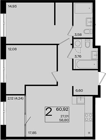3-комн., 58.8 м², 17/18 этаж, ЖК «Патрики»