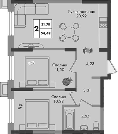2-комн., 54.49 м², 5/9 этаж, ЖК «Зеленая территория»