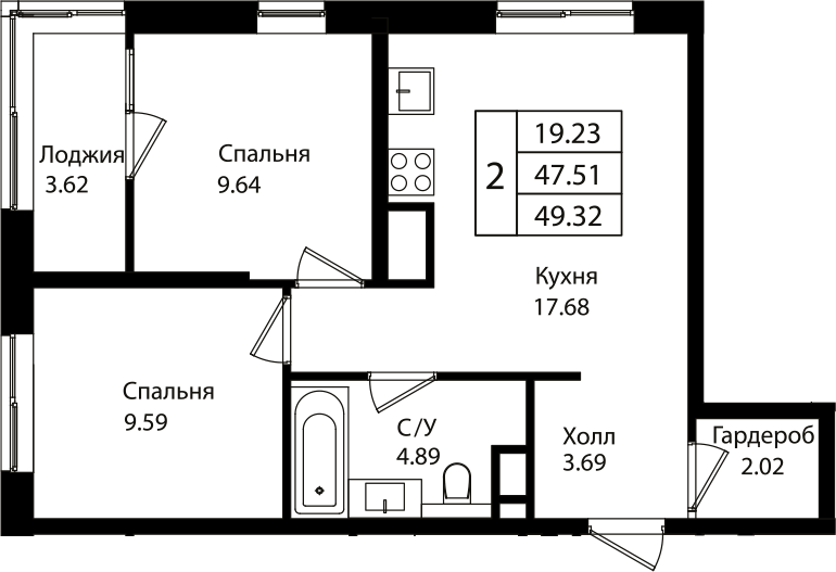 3-комн., 47.51 м², 12/18 этаж, ЖК «Патрики»