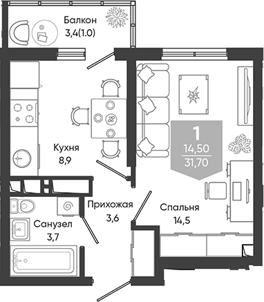 1-комн., 30.7 м², 24/24 этаж, ЖК «Облака»