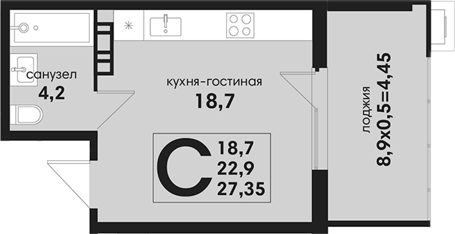 Студия, 22.9 м², 4/4 этаж, ЖК «Новая Елизаветка»