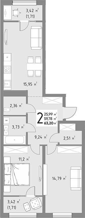 2-комн., 59.78 м², 8/9 этаж, ЖК «Коллекция»