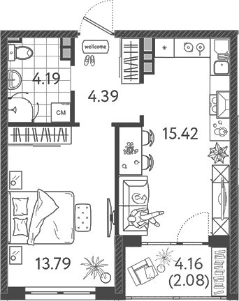 2-комн., 37.5 м², 8/9 этаж, ЖК «Друзья»