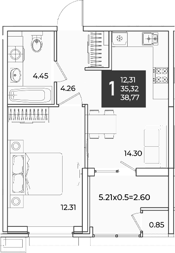 1-комн., 35.32 м², 2/18 этаж, ЖК «Образцово»