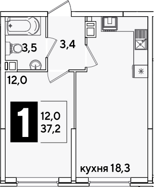 2-комн., 37.2 м², 3/16 этаж, ЖК «Самолет»
