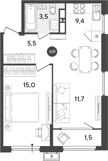 2-комн., 45.1 м², 15/18 этаж, ЖК «Порто-Ново»