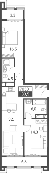 3-комн., 73.4 м², 2/7 этаж, ЖК «Красная поляна 540»