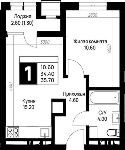 1-комн., 34.4 м², 3/9 этаж, ЖК «На высоком берегу»