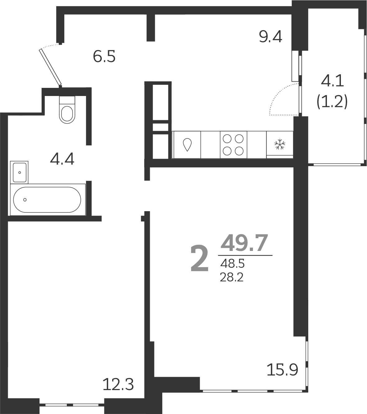 2-комн., 48.5 м², 15/24 этаж, ЖК «Все Свои VIP»
