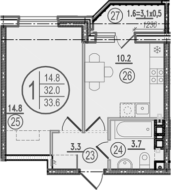 1-комн., 32 м², 9/9 этаж, ЖК «Спортивная деревня»