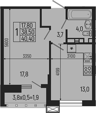 1-комн., 38.5 м², 6/9 этаж, ЖК «Звезды»
