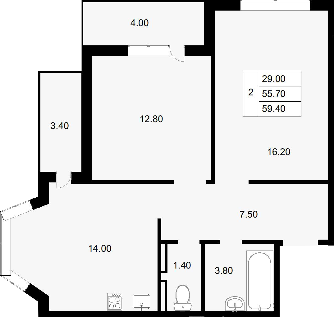 Продается 2-комн. квартира, 55.7 м²
