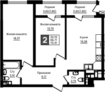 2-комн., 66.71 м², 2/18 этаж, ЖК «Резиденция морей»