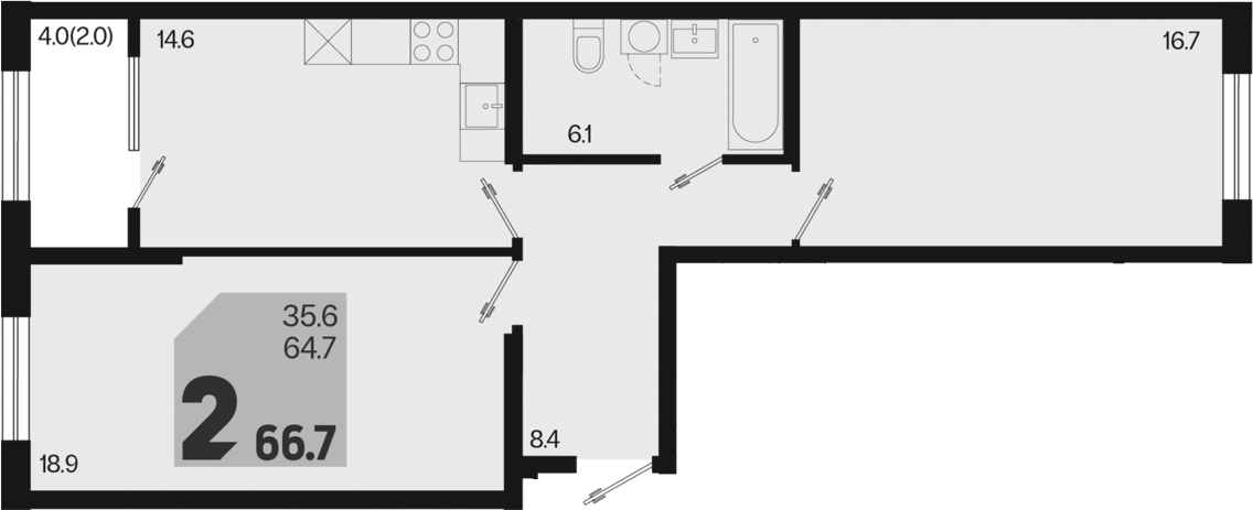 2-комн., 64.7 м², 2/18 этаж, ЖК «Первое место»