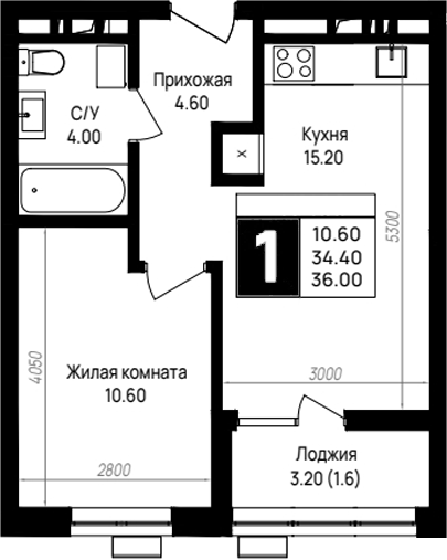 1-комн., 34.4 м², 9/9 этаж, ЖК «На высоком берегу»