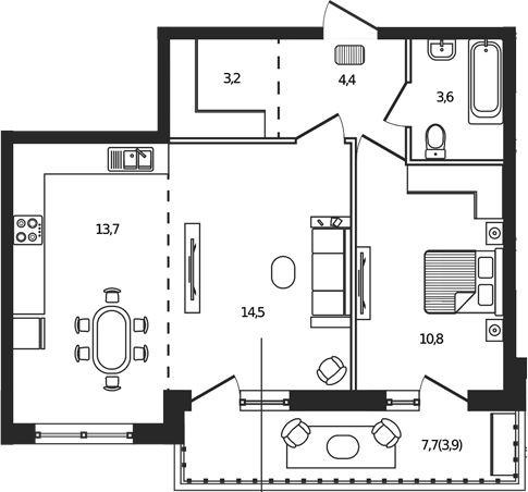 2-комн., 50.1 м², 7/7 этаж, ЖК «Сиреневый бульвар»