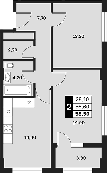 2-комн., 56.6 м², 7/15 этаж, ЖК «Аксис Патриот»