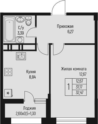 1-комн., 31.17 м², 7/10 этаж, ЖК «Ритм»
