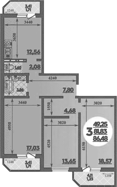3-комн., 81.83 м², 13/16 этаж, ЖК «Восточный. Квартал №6»