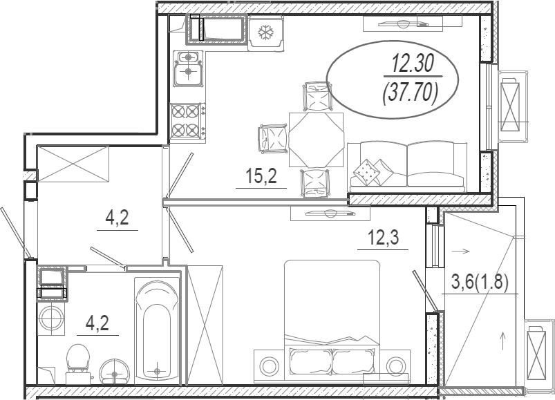 2-комн., 35.9 м², 8/15 этаж, ЖК «Микрорайон Южане»
