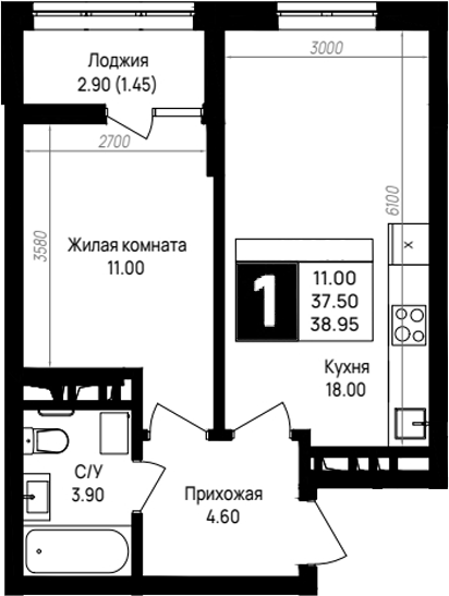 1-комн., 37.5 м², 4/9 этаж, ЖК «На высоком берегу»