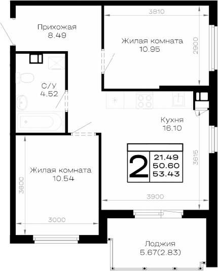 2-комн., 50.6 м², 3/4 этаж, ЖК «Усадьба Гостагаевская»