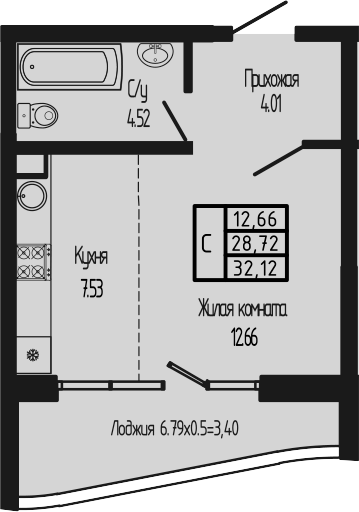 Студия, 28.72 м², 2/12 этаж, ЖК «Sun Hills Ольгинка»