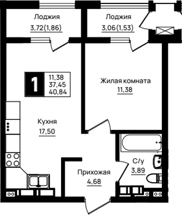 1-комн., 37.45 м², 14/18 этаж, ЖК «Резиденция морей»