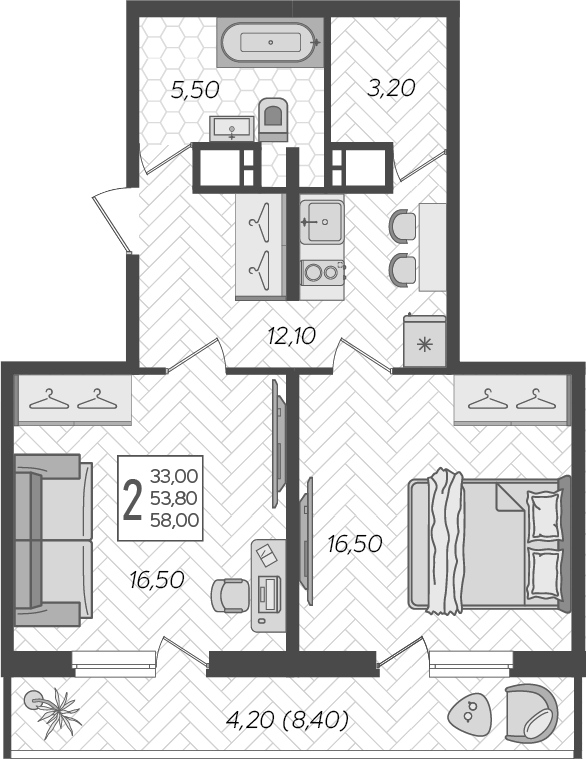 2-комн., 53.8 м², 13/16 этаж, ЖК «Зеленодар»