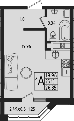 Студия, 25.1 м², 3/16 этаж, ЖК «Мега-Победа»
