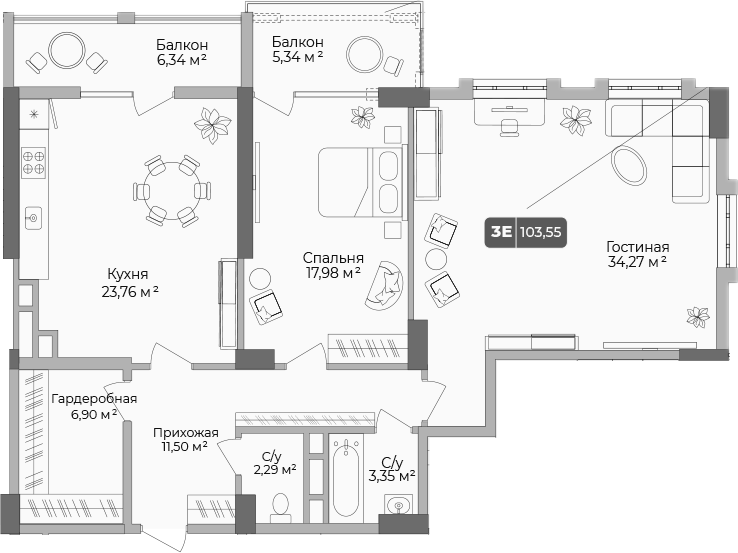 2-комн., 101.95 м², 2/17 этаж, ЖК «Золотой берег. СЗ Среда»