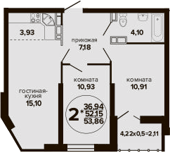3-комн., 52.15 м², 5/24 этаж, ЖК «Гулливер»