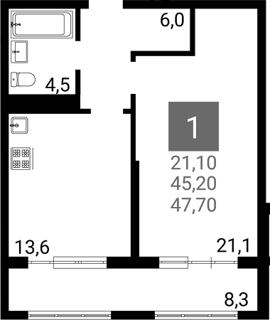 Продается 1-комн. квартира, 45.2 м²