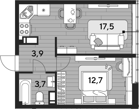 1-комн., 37.8 м², 12/16 этаж, ЖК «DОГМА ПАРК»