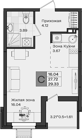 Студия, 27.72 м², 6/8 этаж, ЖК «МОНО квартал»