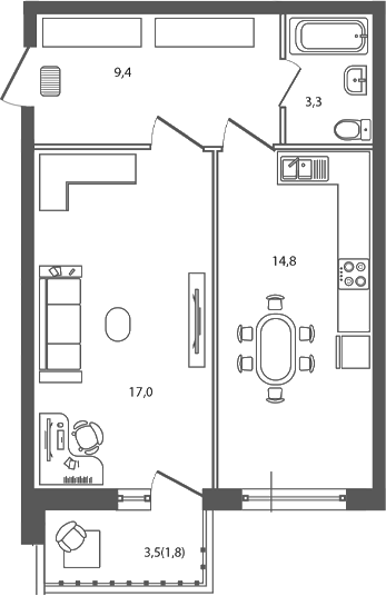 1-комн., 44.5 м², 1/7 этаж, ЖК «Сиреневый бульвар»