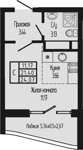 Студия, 21.4 м², 11/12 этаж, ЖК «Sun Hills Ольгинка»